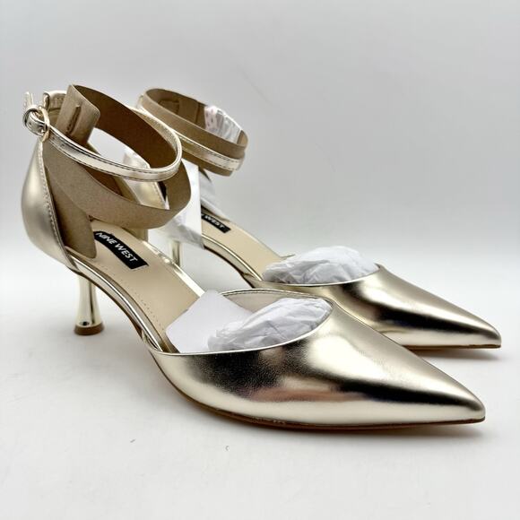 Nine West Womens Racha High Heels US 7.5 M Gold Vegan Leather Closed Toe NIB - Picture 5 of 12